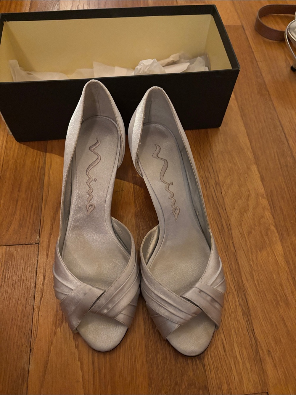 Nina Silver Satin Peep-Toe Heels